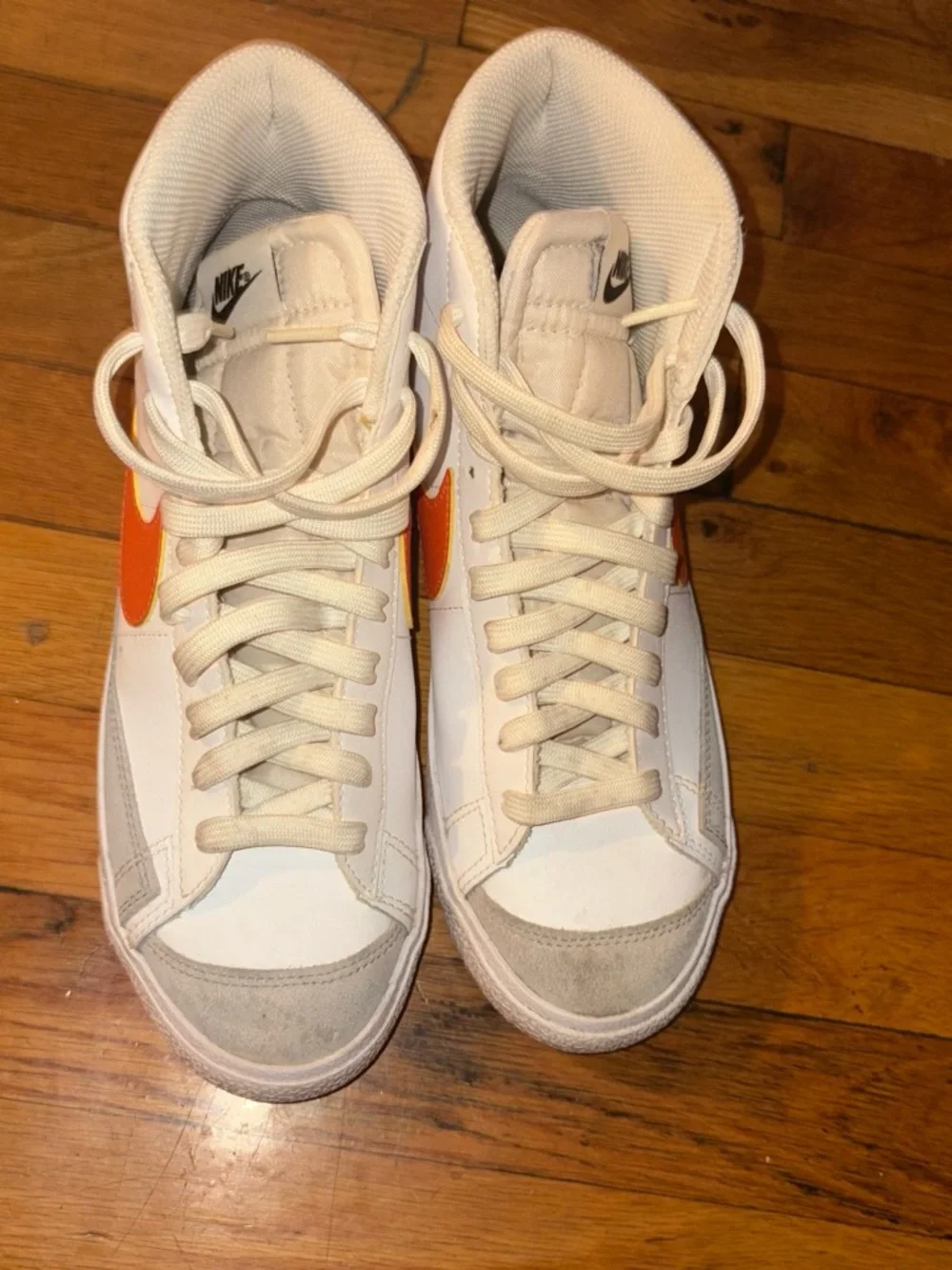 Nike White High-Top Sneakers with Orange Swoosh - Picture 1 of 6